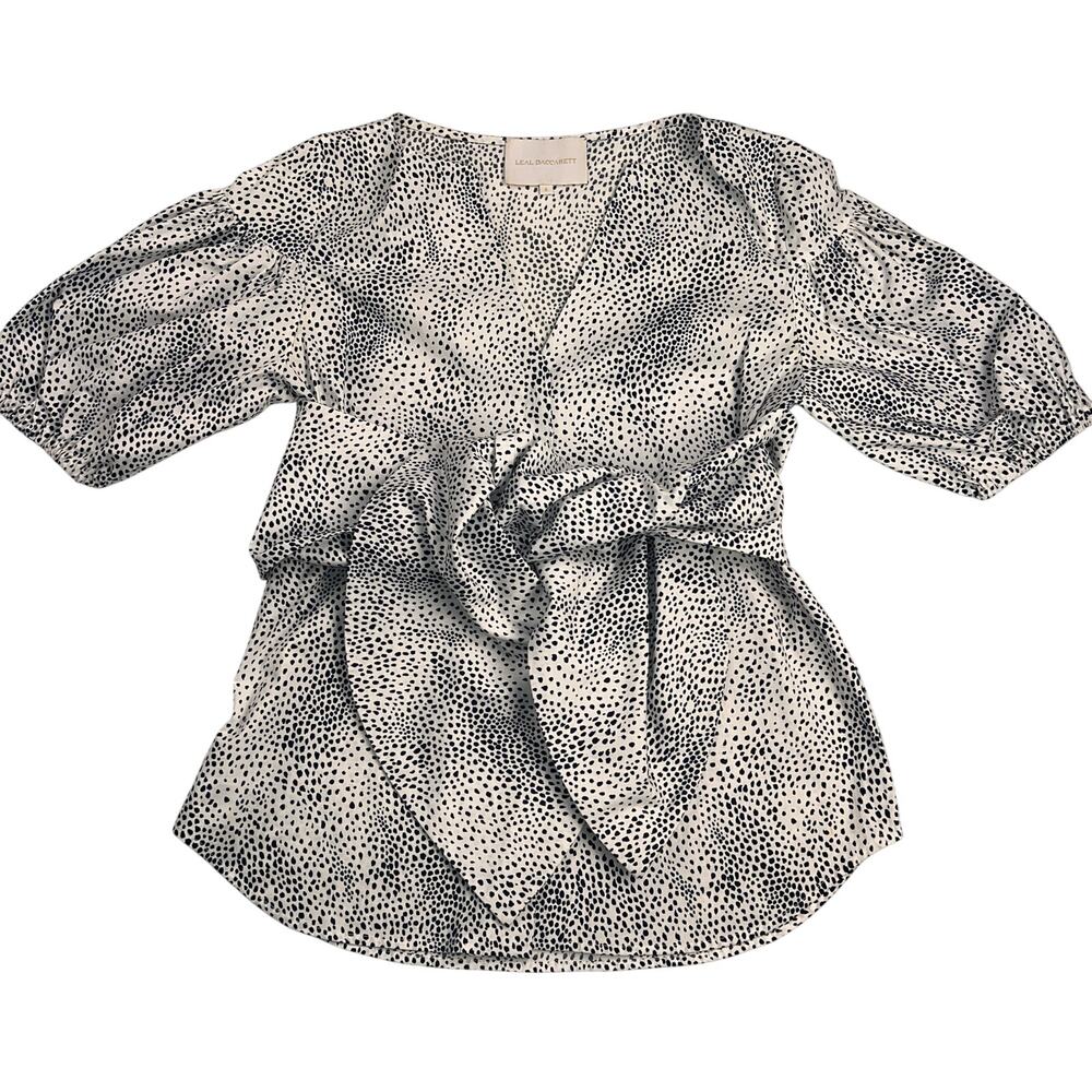 Leal Daccarett V-Neck Puff Sleeve Tie Front Blouse Black White Dotted Size 6